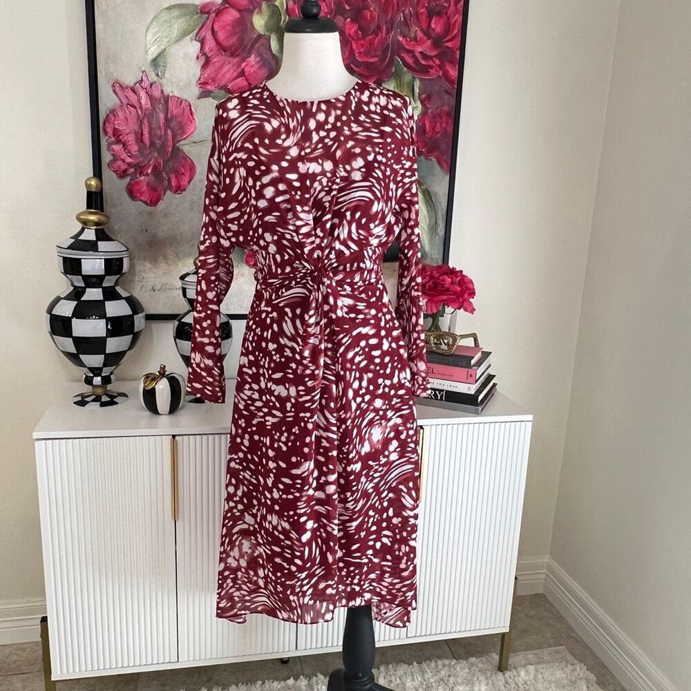 Maje Abstract Twist Front Long Sleeve Sheer 2-in-1 Midi Dress Red White Size 2